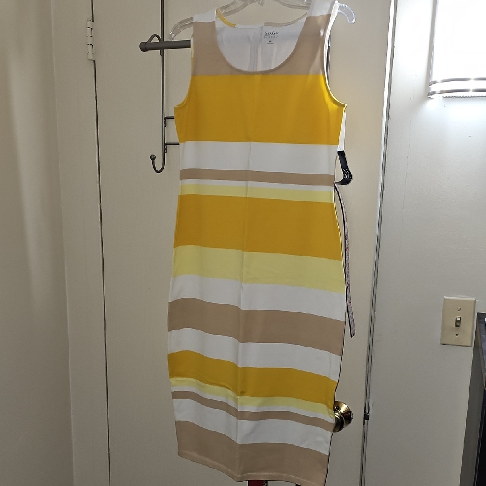 New York and Company Yellow and Tan Striped Midi Dress